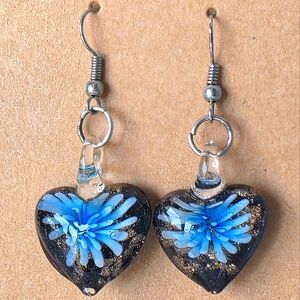 Blue and Black Glass Dangle Earrings with Intricate Designs